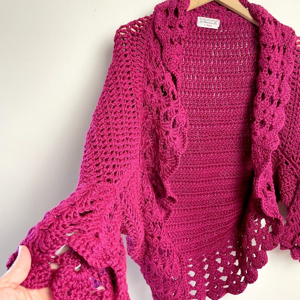 Handmade Crochet Sweater Shawl Shrug Medium Bell Sleeve Cottage Boho Festival - Picture 3 of 12